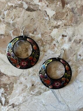Mexican Hand-Painted Copper, Black Butterfly and Floral Hoop Earrings